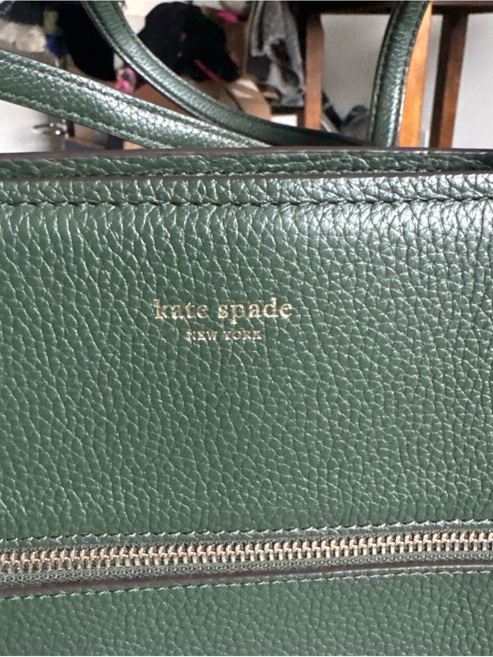kate spade Forest Green Pebbled Leather Tote with Front Zip - Picture 2 of 5